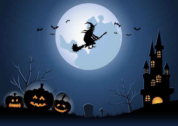 Halloween background with the witch fly by magical broom