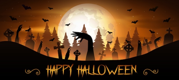 Halloween background with zombies hand and the moon