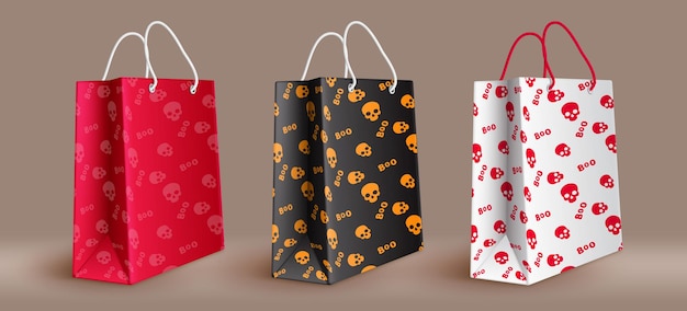 Vettore borse halloween shopping set vettoriale design borsa di carta regalo halloween in elementi con motivo cranio