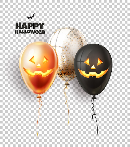 Вектор Хэллоуин воздушный шар со страшными, жуткими лицами. уловка, угощение, лицо фонаря на реалистичных воздушных шарах.
