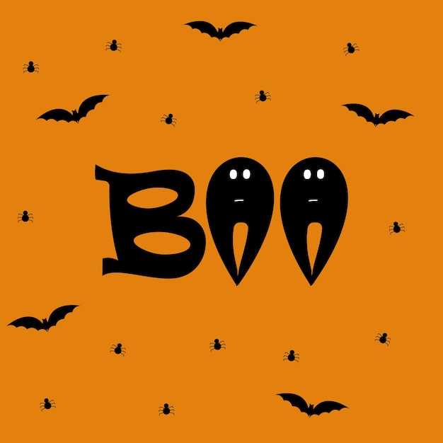 Halloween banner black bats spiders ghosts and text Boo on orange background May use as invitation