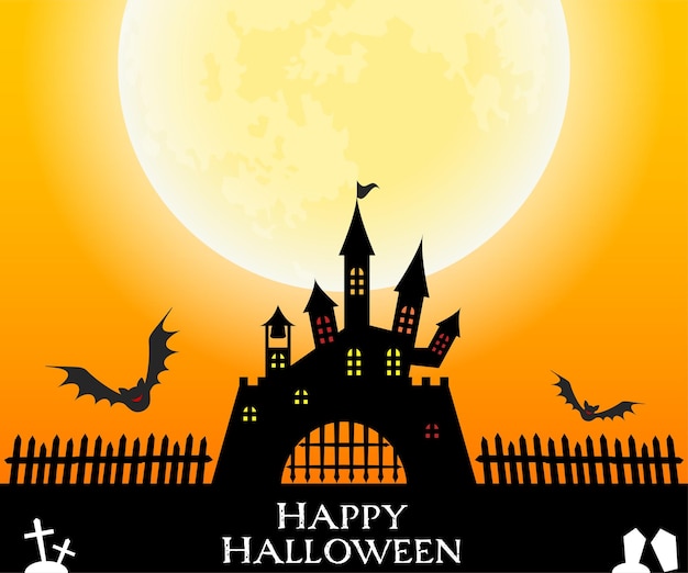 Banner di halloween comune per pc e smartphone, castello e pipistrelli, luna piena e cimitero