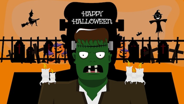 Vector halloween banner design with frankenstein. happy halloween concept design.