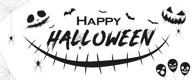 Halloween banner design with scary smile character happy halloween text banner