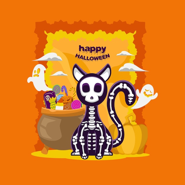 Vector halloween banner leuke grappige kat skelet sjabloonontwerp