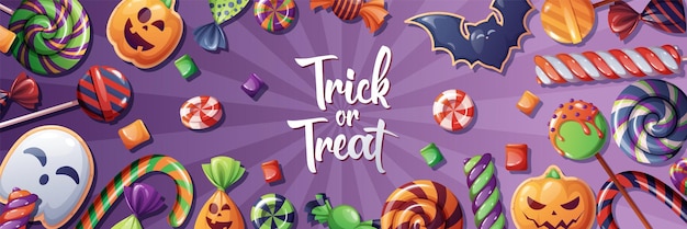 Halloween-banner met cartoonvakantiesnoepjes en snoepjes Griezelig dessert op Halloween-feest