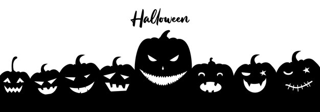 Halloween-banner met grappige silhouetten van pompoenen. Vector.