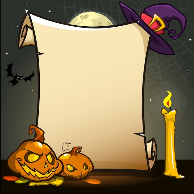Halloween-banner met lege document rol met attributen