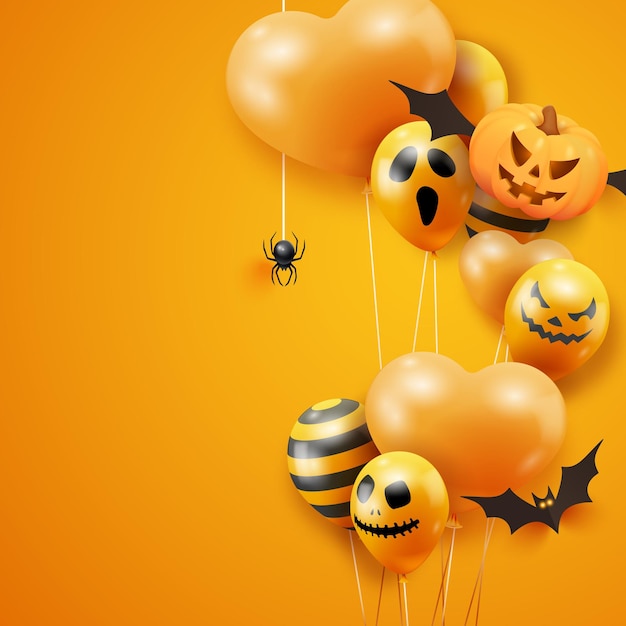 Vector halloween-banner met vliegende pompoenen, vleermuisspin en spookballonnen op oranje achtergrond halloween