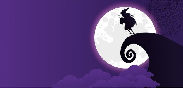 Banner di halloween o invito a una festa con nuvole notturne e zucche luna piena