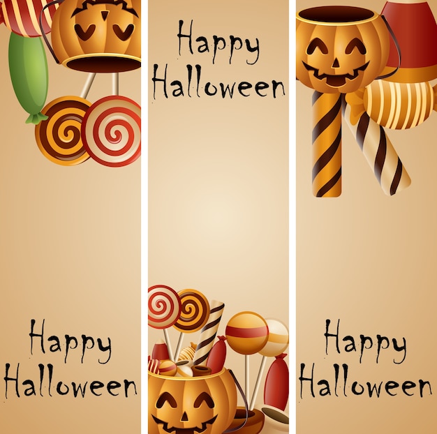 Halloween banner pompoenen mand en verzamelde snoep