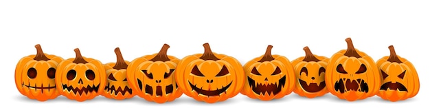 Vettore banner di halloween zucche isolate simbolo principale buone vacanze di halloween sorriso spaventoso delle zucche arancioni