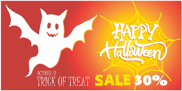 Vendita banner di halloween, voucher, carta vip, festa di invito con sfondo di colore arancione e pipistrello