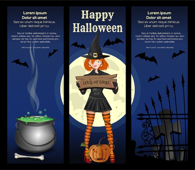 Halloween banner set. halloween design with design with a cute girl in a witch suit against the full moon. trick or treat.