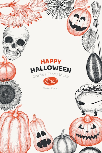 Vector halloween banner template. hand drawn illustrations.