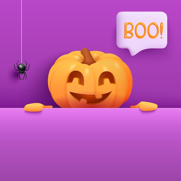 Halloween banner template with Jack O Lantern pumpkin speech bubble and spider Realistic pumpkin