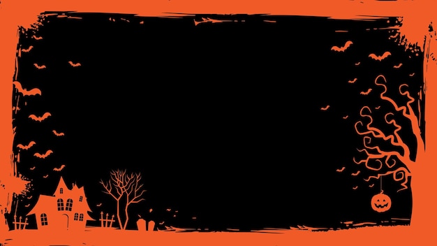 Вектор Шаблон баннера хэллоуина с тыквой, домом с привидениями, иллюстрацией границы летучих мышей
