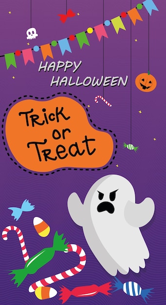Halloween banner trick or treat with ghost and candies