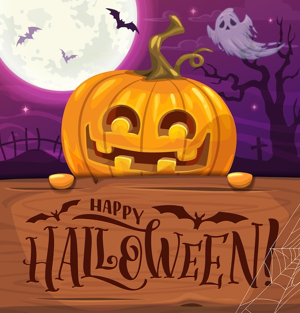 Halloween banner with cartoon funny pumpkin character flying ghost and cemetery landscape silhouette Vector greeting card with funny jack lantern peep out of wooden board with Happy Halloween text