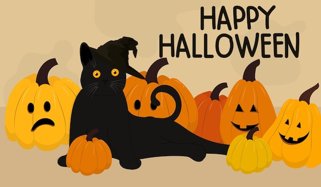 Halloween banner with cat and pumpkins