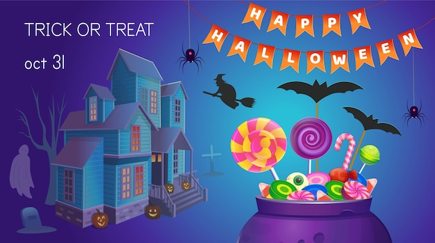 Halloween banner with cauldron with sweets and house. cartoon illustration. icon for games and mobile application.