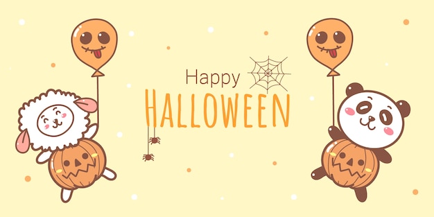 Halloween banner with cute panda and sheep holding balloons cartoon hand drawn