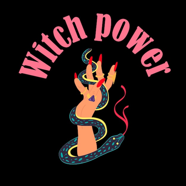 halloween banner with the inscription the power of a witch and a hand with a snake 