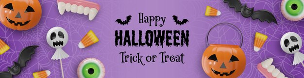 halloween banner with pumpkin bucket and candies