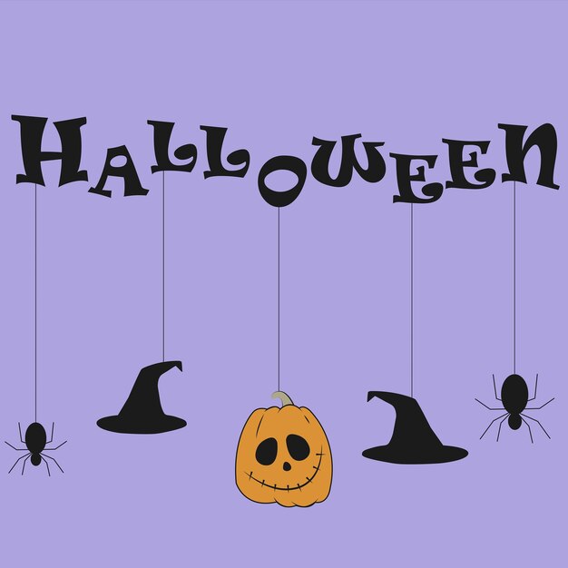 Halloween banner with pumpkin spiders and witch hats on a purple background