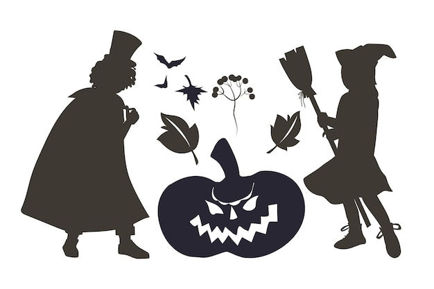 Halloween banner with silhouettes of children with Jackolantern flat vector illustration isolated on white background Kids contour drawing for Halloween cards and banners
