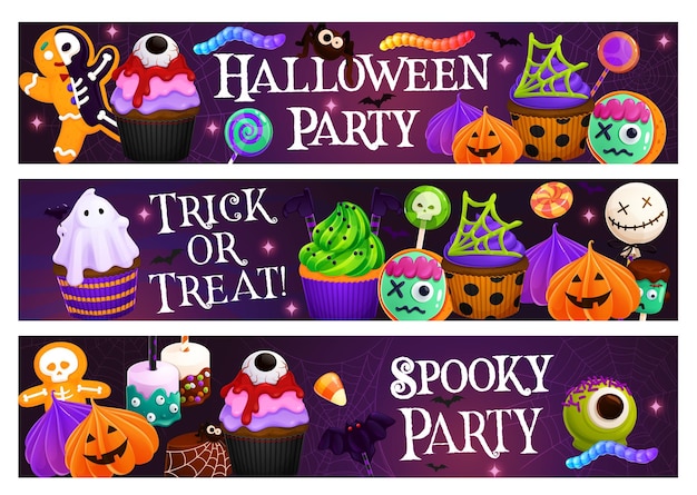 Баннер хэллоуина с жутким десертом и сладостями