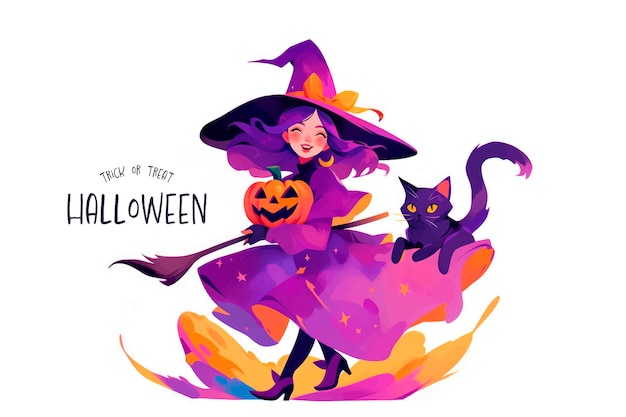 Halloween banner with witch and black cat illustration