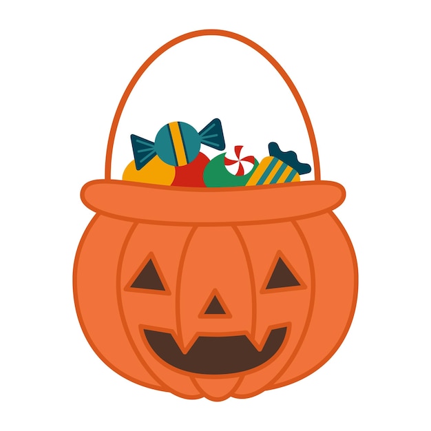 Vector halloween basket pumpkin lantern with candy in flat cartoon style vector illustration