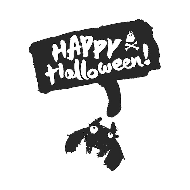 ベクトル ハッピーハロウィーンのスローガンが描かれたハロウィーンのコウモリと吹き出し 白い背景に分離された書道のレタリングと手描きのインクとブラシのイラスト クリッピング パスが含まれています