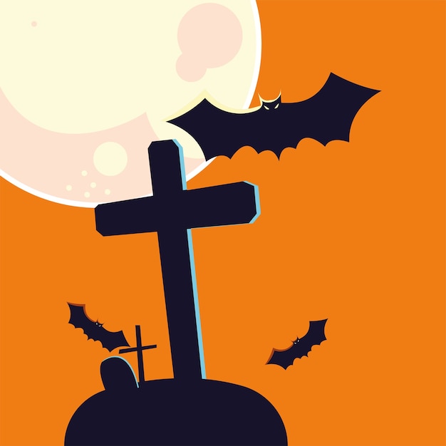 Halloween bat cartoon and grave in front of moon