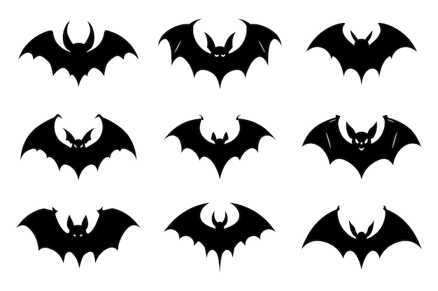 Halloween bat silhouette collection isolated Spooky black horror bat graphic Vector illustration