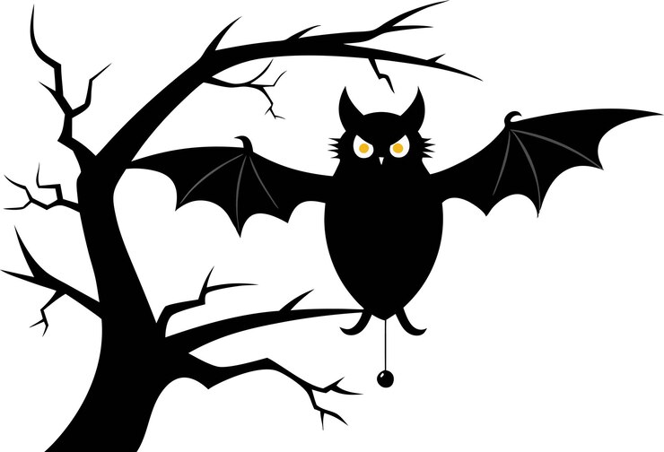 Vector halloween bat on tree branch white background halloween black silhouette flying