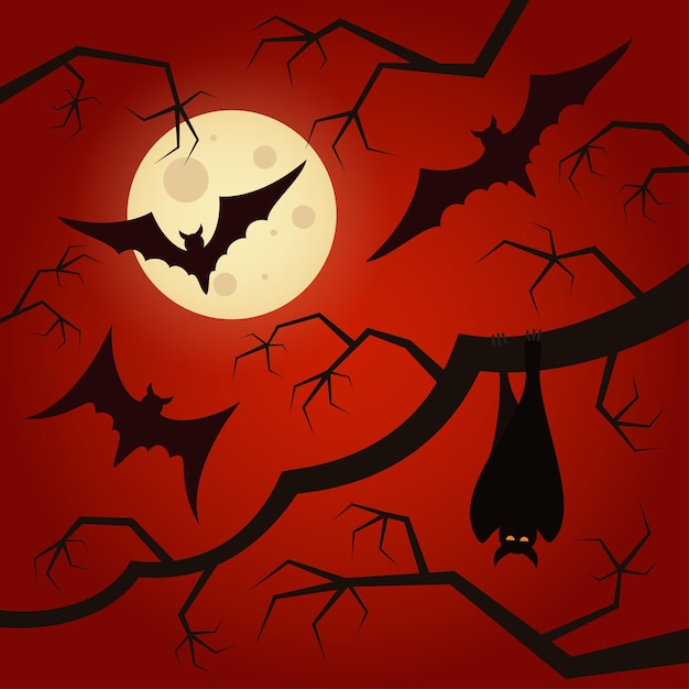 Halloween bats and dry branches silhouettes in the orange sky