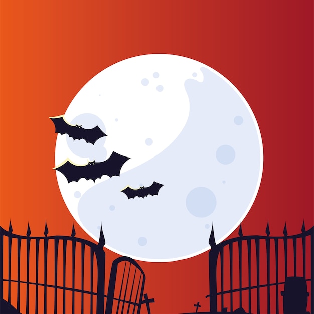 Pipistrelli di halloween davanti al design della luna, vacanze e illustrazione a tema spaventoso