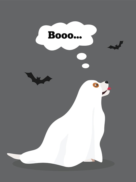 Halloween beagle puppy verkleed als een spook, met een witte cape. Dierenliefhebbers thema vector cartoon