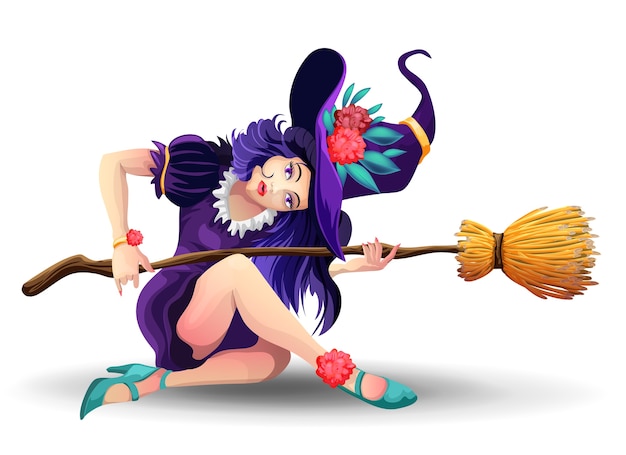 Halloween beautiful witch with broom sitiing on the floor.