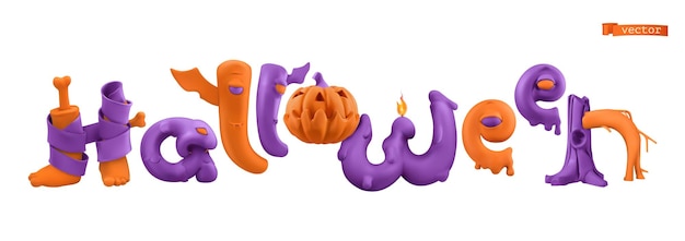 Halloween belettering 3d-vector cartoon. grappige brieven monsters geïsoleerd op een witte achtergrond