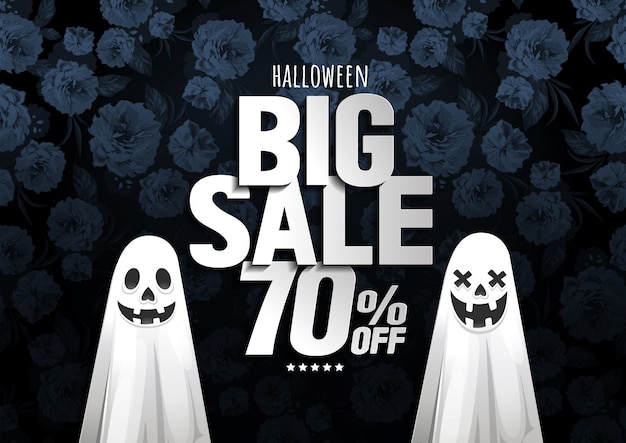 Vector halloween big sale banner with ghost on flower background