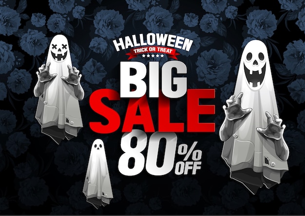 Halloween Big sale banner with Ghost on flower background