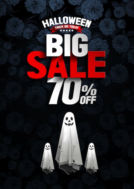 Vector halloween big sale banner with ghost on flower background