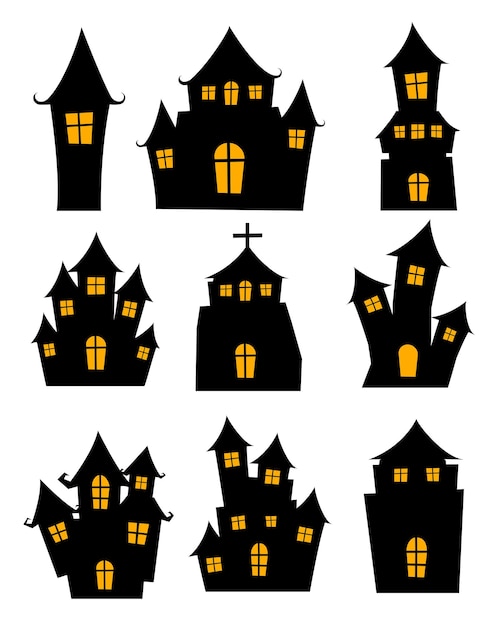 Halloween black castle isolated on white background Haunted house cartoon silhouette