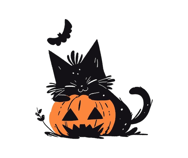 Vettore gatto nero di halloween con una zucca su sfondo bianco