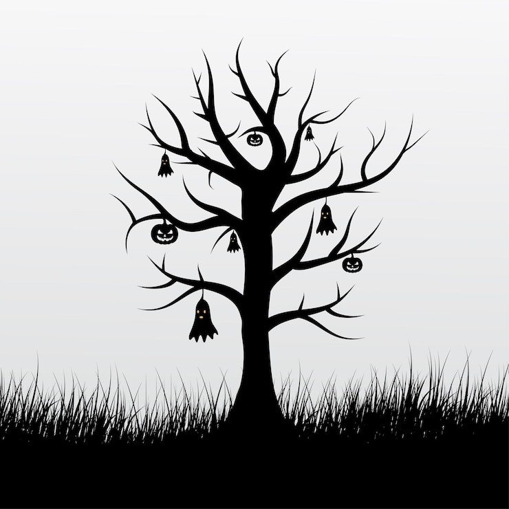Vector halloween black color tree design with hanging ghost pumpkins and grass ground