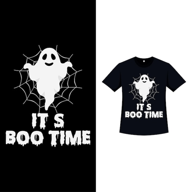 白い幽霊とタイポグラフィのハロウィーンの黒い色のTシャツのデザイン白い幽霊の蜘蛛の巣と書道のハロウィーンの要素のデザインハロウィーンのための不気味なTシャツのデザイン