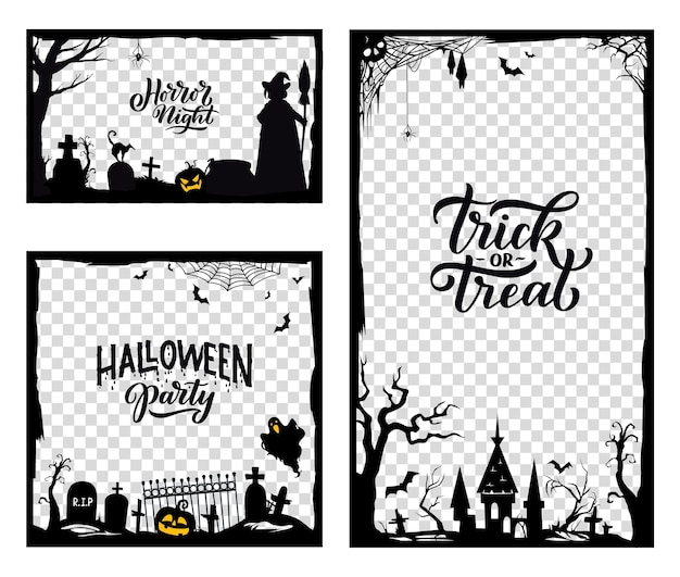 Halloween black frame templates for social media and storytelling Vector silhouettes of witch ghost bats and cemetery trick or treat horror night pumpkin castle and spiders frame border lines